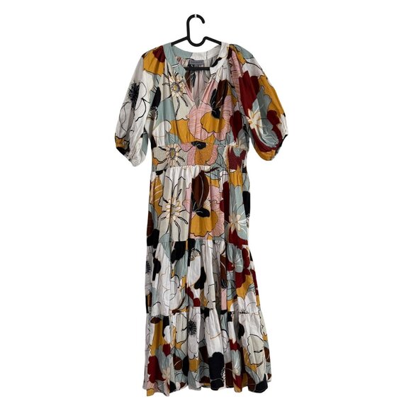 Anthropologie Conditions Apply Floral Puff Sleeve Smocked Midi Dress Size 8 - Picture 3 of 7